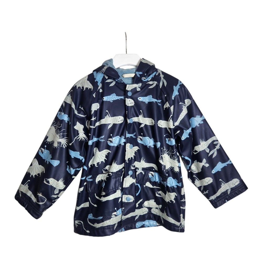 Hatley Kids Navy Blue Deep Sea Creatures Waterproof Hooded Rain Jacket Size 5